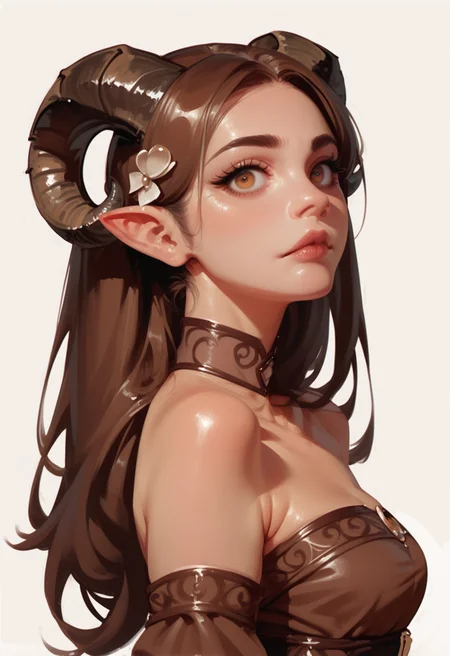 1girl, horns, solo, long hair, pointy ears, looking at viewer, brown hair, bare shoulders, , upper body, sheep horns, , light brown eyes, dress, choker, curled horns, straight hair, breasts, hair ornament, detached sleeves, , brown dress, nose, from side, , , brown hair, , eyelashes, , see-through, hazel eyes, looking to the side, strapless dress, demon girl, color eyelashes , , simple background,
rimixa,, <lora:Ri-MIX_A_pony2:1>, , score_9, score_8_up, score_8_up,