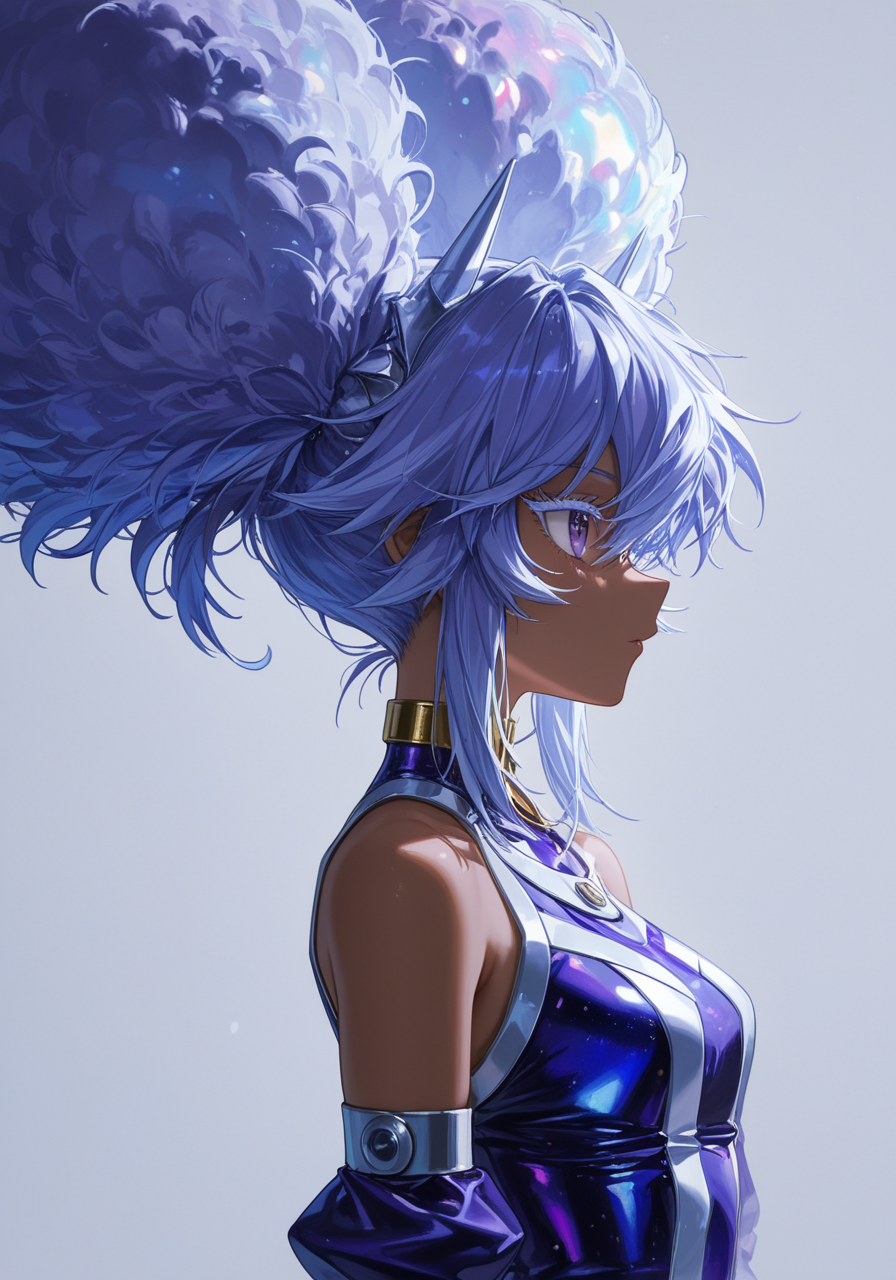 texture masterpiece, best quality, best quality, [quasarcake:crain1art:20], [dlgeria::16], (xxyt-xx:0.85), chen bin, fagun_yibei, berryverrine, detailed perspective, iridescent_hues, fine fabric emphasis, duel academy uniform \(yu-gi-oh! gx\), profile,
cinematic,1girl, indigo metallic, fluffy hair, looking ahead, afro puffs, puffy sleeves, detached sleeves, dark_skin, white_eyelashes, hair_flaps, big hair, animal_ears top down close-up, sheep_horns, gold choker