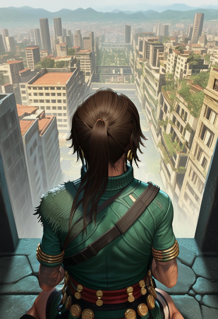 Score 9, score 8, score 7, 1girl, solo, Lara croft, tomb raider, exterior, city, sitting, jacket, hc, face focus,