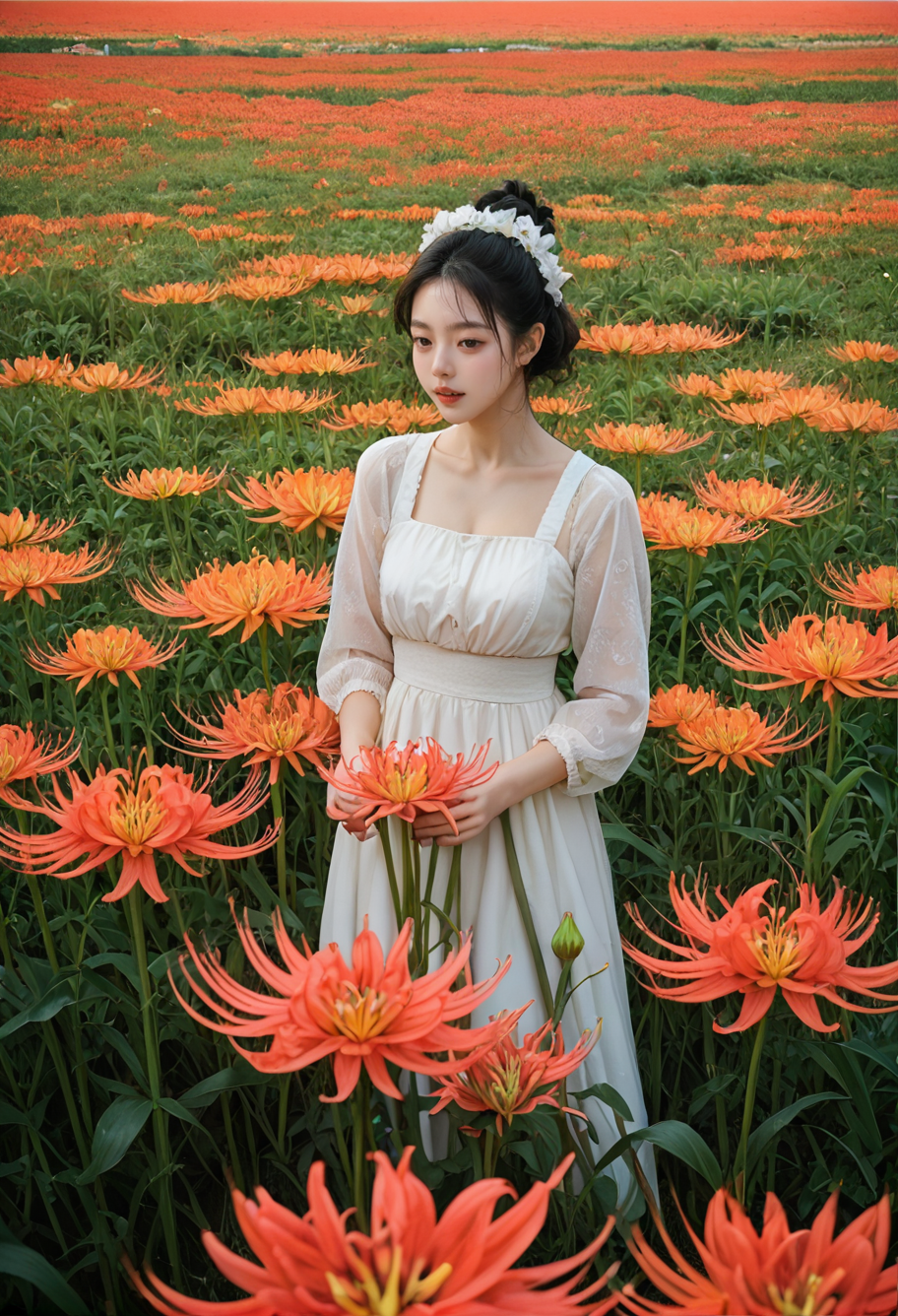,ruanyi0797,spider lily,flower field,<lora:0797 spider lily_v1_pony:1>, score_9,score_8_up,score_7_up,,8k,1girl,solo,,