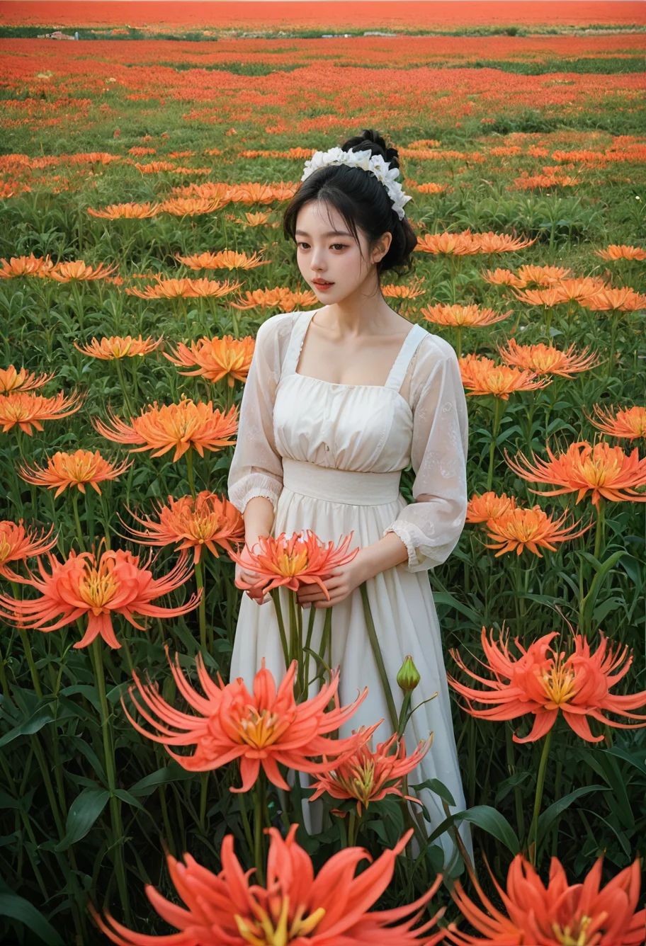 ,ruanyi0797,spider lily,flower field,<lora:0797 spider lily_v1_pony:1>, score_9,score_8_up,score_7_up,,8k,1girl,solo,,