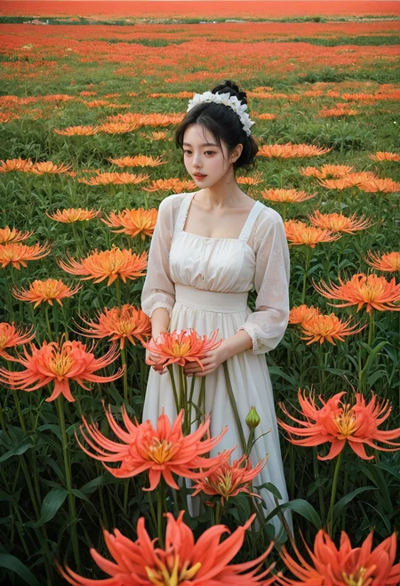 ,ruanyi0797,spider lily,flower field,<lora:0797 spider lily_v1_pony:1>, score_9,score_8_up,score_7_up,,8k,1girl,solo,,