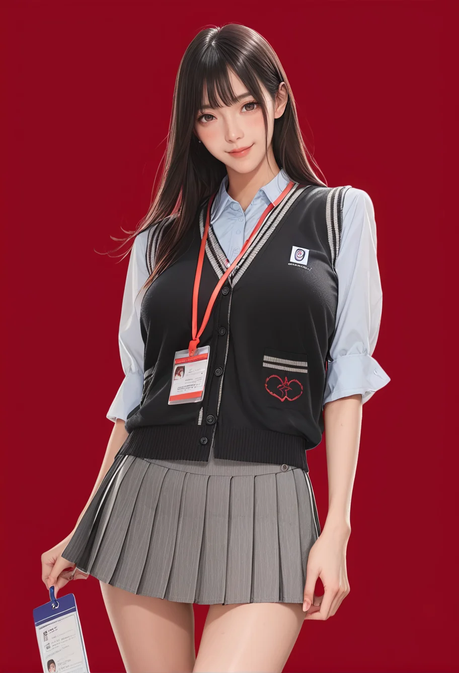 1girl,red background,,ruanyi1019,collared shirt,grey skirt,pleated skirt,sweater vest,lanyard,cowboy shot,thigh gap,<lora:1019 Home wear 35_v1_pony:1>, score_9, score_8_up, score_7_up, score_6_up, score_9, score_8_up, score_7_up, score_6_up source_anime, blush, 1girl, seduce smile, perfect body , natural huge breasts