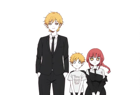 score_9, score_8_up, score_7_up, front view, ((Five fingers on the hand)), perfect hand, ((Girl is bigger than boy)), size difference, age difference, looking at viewer, anatofa, 1boy, 1girl, :з, white background,
makima(/makima, Braid hair style, tall girl,perfect eyes, detailed eyes, extra detailed face, perfect face, ((1girl)), eyeshadow, makeup, big breats, big head, milf, Mature Female, normal Sticky breasts, Bulging breasts, busty breasts, open eyes, big eyes, heavy butt, wide hips, big girl, thick thighs, dumb-track butt, fat butt, large girl, big female, older female, hourglass figure, 1girl, mak1ma0, red hair, long hair, ringed eyes, blackjacket,white collared shirt,black necktie, ((black pants)) , black blazer, office suit, /),
Denji(/denji, brown eyes, Shorter boy, 1boy, short boy, ((short blonde hair)) , white t-shirt, Petty boy, small body, ((low boy)), standing boy, Low height, /),