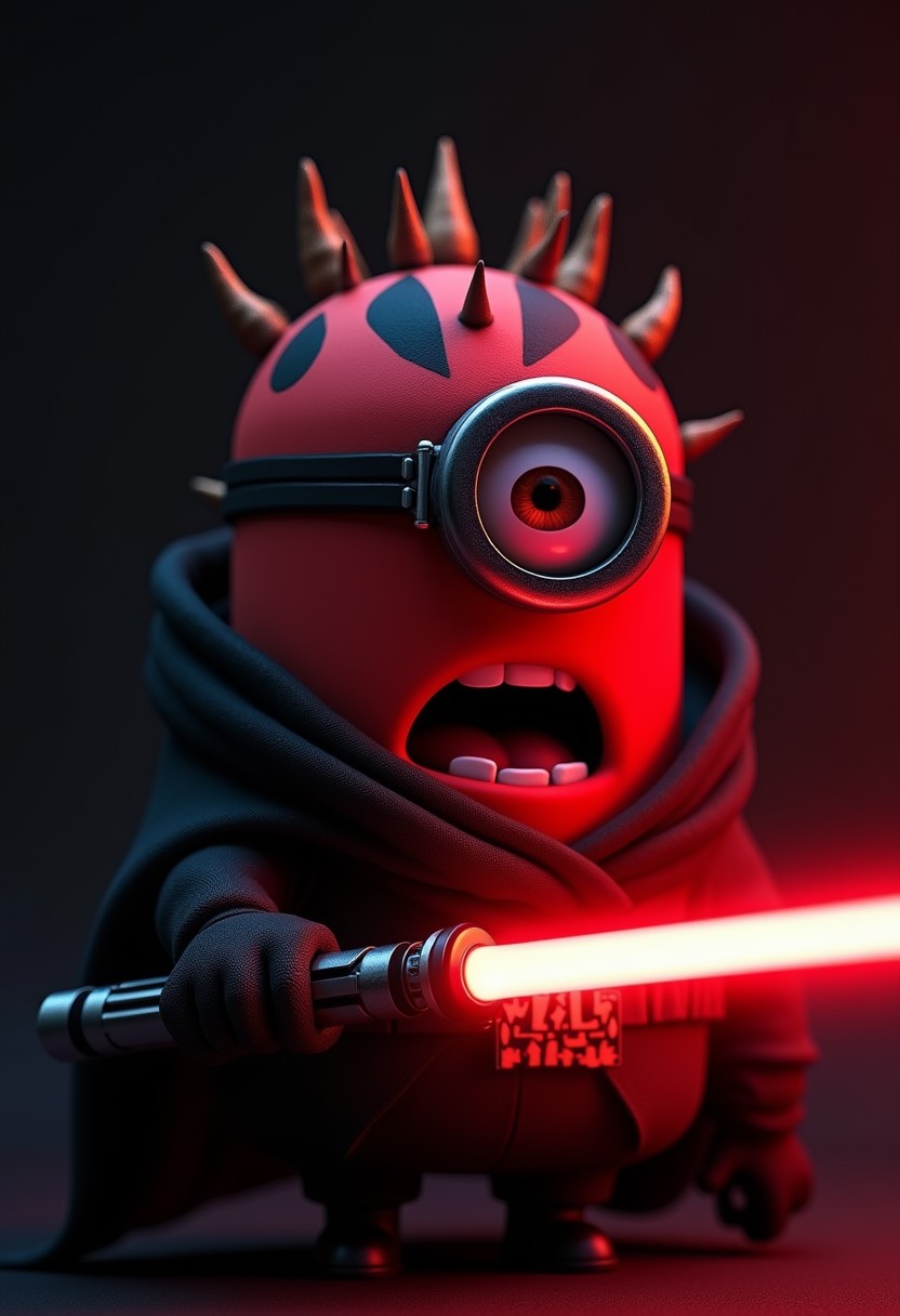 A minion from despicable me, red skin, Darth Maul like spikes on head, dressed in a dark Sith lord robe, Dark Jedi, (one eye:1.2), angry expression, (looking at viewer:1.1), holding a red lightsaber, yelling, pitch black background only illuminated by red lightsaber, perfect lightsaber, lightsaber pointed at viewer,
Highest quality, masterpiece, 4k, concept art,