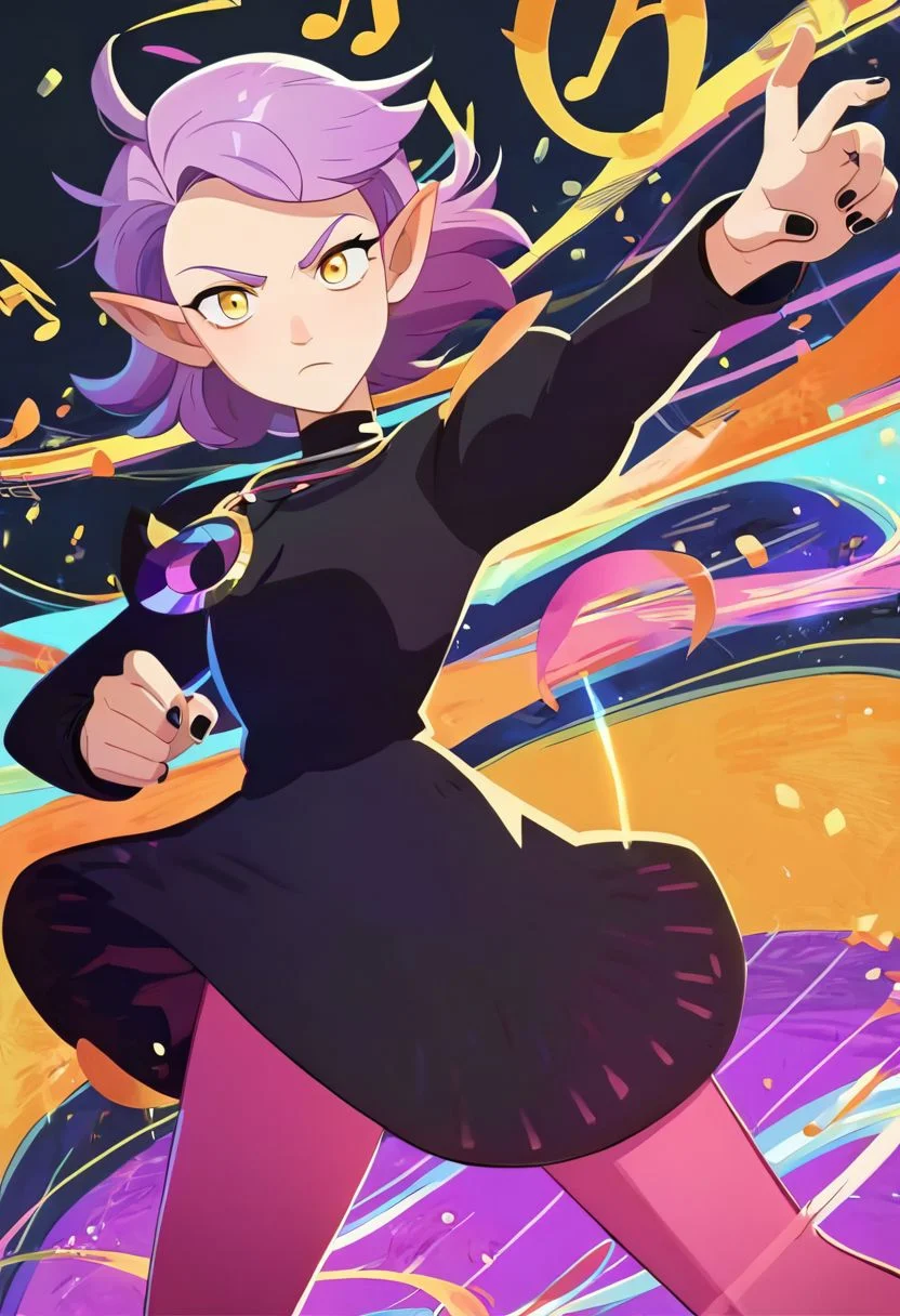 score_9, score_8_up, score_7_up, source_anime, amity blight, pointy ears, yellow eyes, determined face, purple hair, short hair, black shirt, black dress, long sleeves, pink leggings, necklace, black nails, AFKJourneyXLP, musical note, epic pose, bright pupils, particles around, splash art, looking at viewer, cowboy shot, dynamic pose, wide shot, solo, dutch angle, detailed background, teenager,