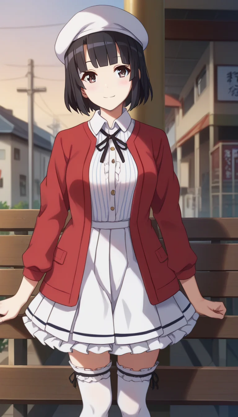score_9,score_8_up,masterpiece,best quality,correct anatomy,anime_source,1girl,solo,perfect eyes,perfect arms,perfect legs,perfect face,outdoors,upper body,(portrait:1.5),looking at viewer,facing viewer,smile,blush,Kato Megumi,beret,white headwear,short hair,black hair,blunt bangs,brown eyes,red jacket,neck ribbon,black ribbon,white shirt,vertical-striped shirt,miniskirt,white skirt,pleated skirt,frilled skirt,zettai ryouiki,frilled thighhighs,white thighhighs,red footwear,<lora:Kato Megumi(shns)-Pony:1.8>,