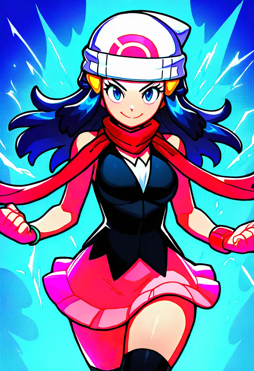 masterpiece, best quality, medium breasts, (curvy), BREAK, zzDawn, blue hair, blue eyes, sidelocks, long hair, bare shoulders, beanie, black shirt, black socks, bracelet, hat, jewelry, kneehighs, miniskirt, pink skirt, red scarf, scarf, shirt, skirt, sleeveless, sleeveless shirt, white headwear, <lora:DawnPokemone_NAI:1.0>smile, looking at viewer, cowboy shot, aura, energy, electricity, dynamic pose, foreshortening, <lora:EnergyCAT_NAI:0.8>,