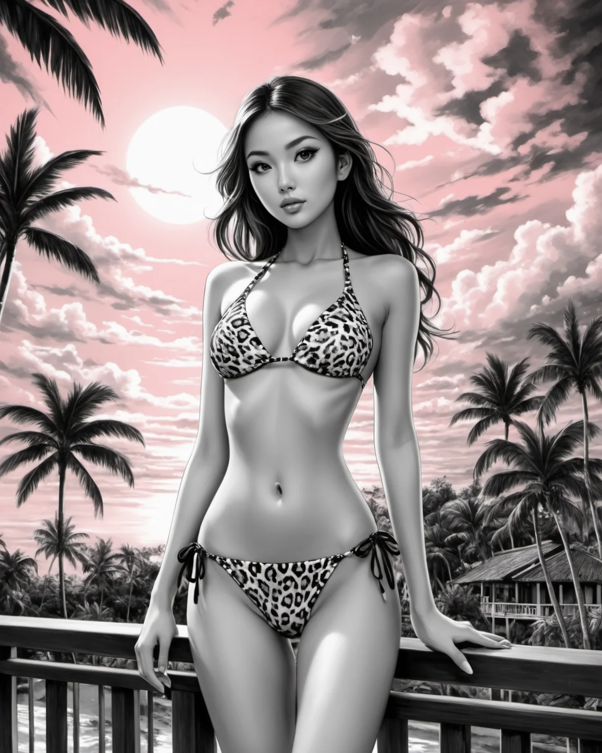 (intricated details), glowimg, cartoon style, (painting), (drawing), (traditional media), (manga), 2D, monochrome, black and white,
alluring 1girl, pink bikini, animal print pattern bikini, tropical resort, epic sunset, dramatic clouds, toned legs,