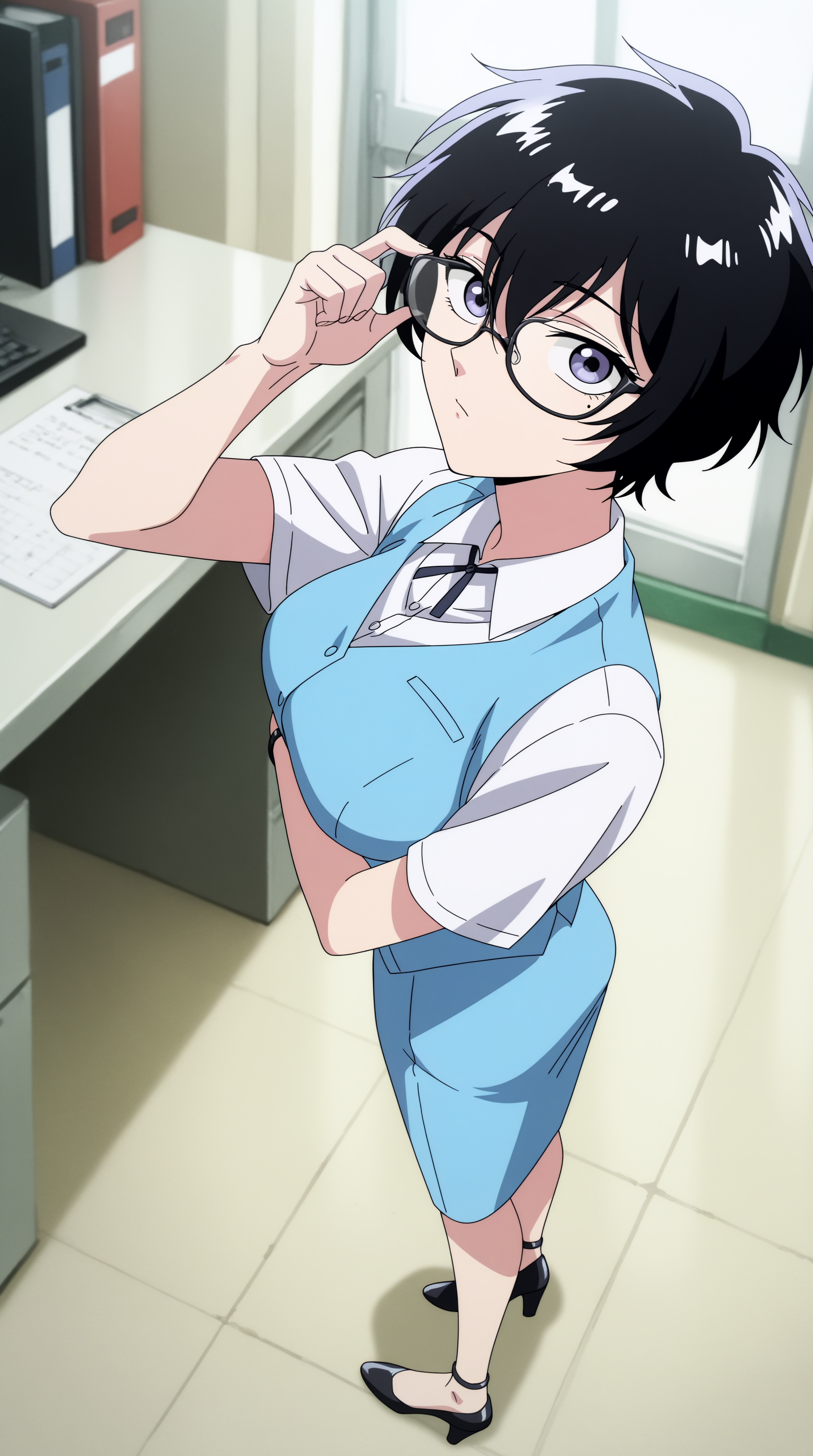 masterpiece, best quality, amazing quality, aesthetic,  absurdres, best quality, 4k, upscale, indoors, pose, standing, foreshortening, Reiko, 1girl, solo,  looking at viewer, short hair, black hair, purple eye, mole under eye,  adjusting eyewear, glasses, white shirt, blue vest, blue dress, office lady, blue skirt, short sleeves, full body,     <lora:ReikoKujirai_IL:0.8>