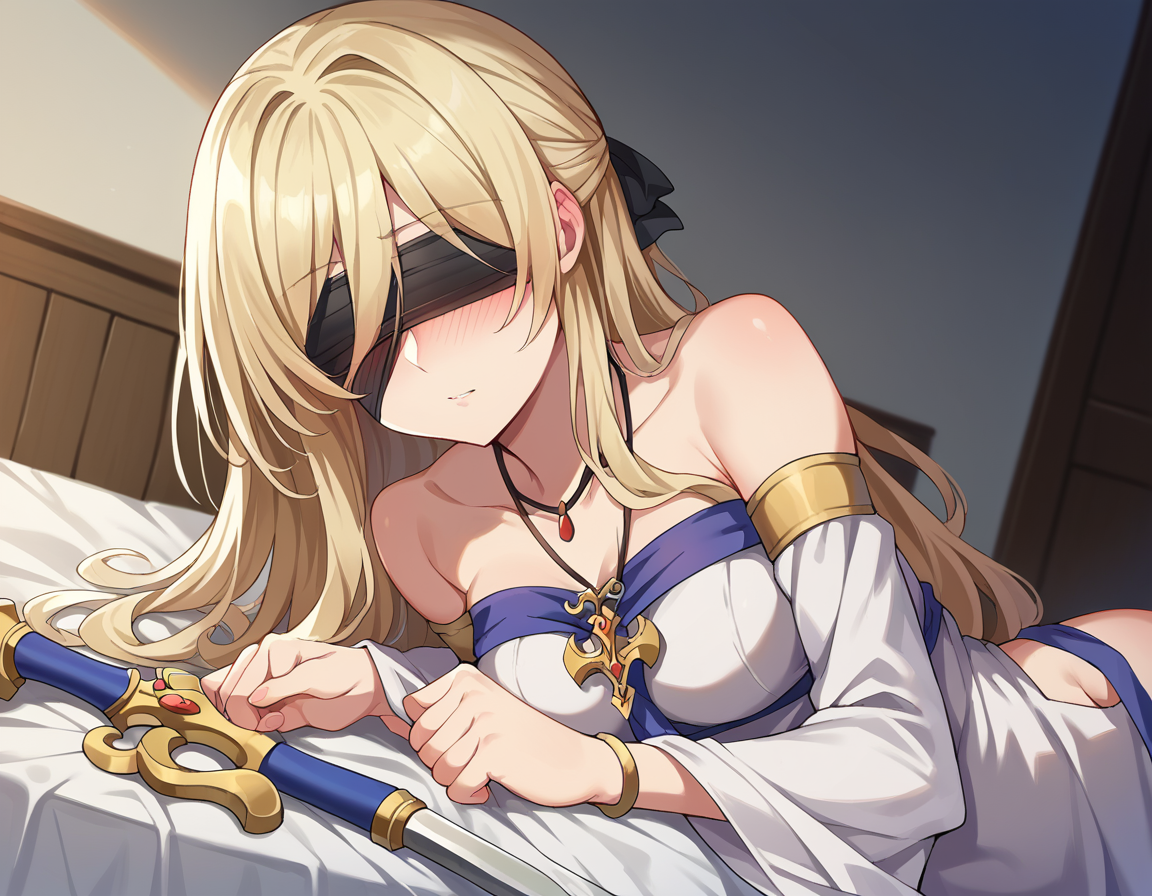 score_9, score_8_up, score_7_up, source_anime, 
swordmaiden, <lora:sword-maiden-ponyxl-lora-nochekaiser:1>, 
sword maiden, long hair, bangs, blonde hair, blindfold, covered eyes, black blindfold, 
dress, jewelry, weapon, sword, necklace, white dress, bare shoulders, collarbone, 
indoors, bed, bed room, on side, blush, drunk,
looking at viewer, cowboy shot, dutch angle,