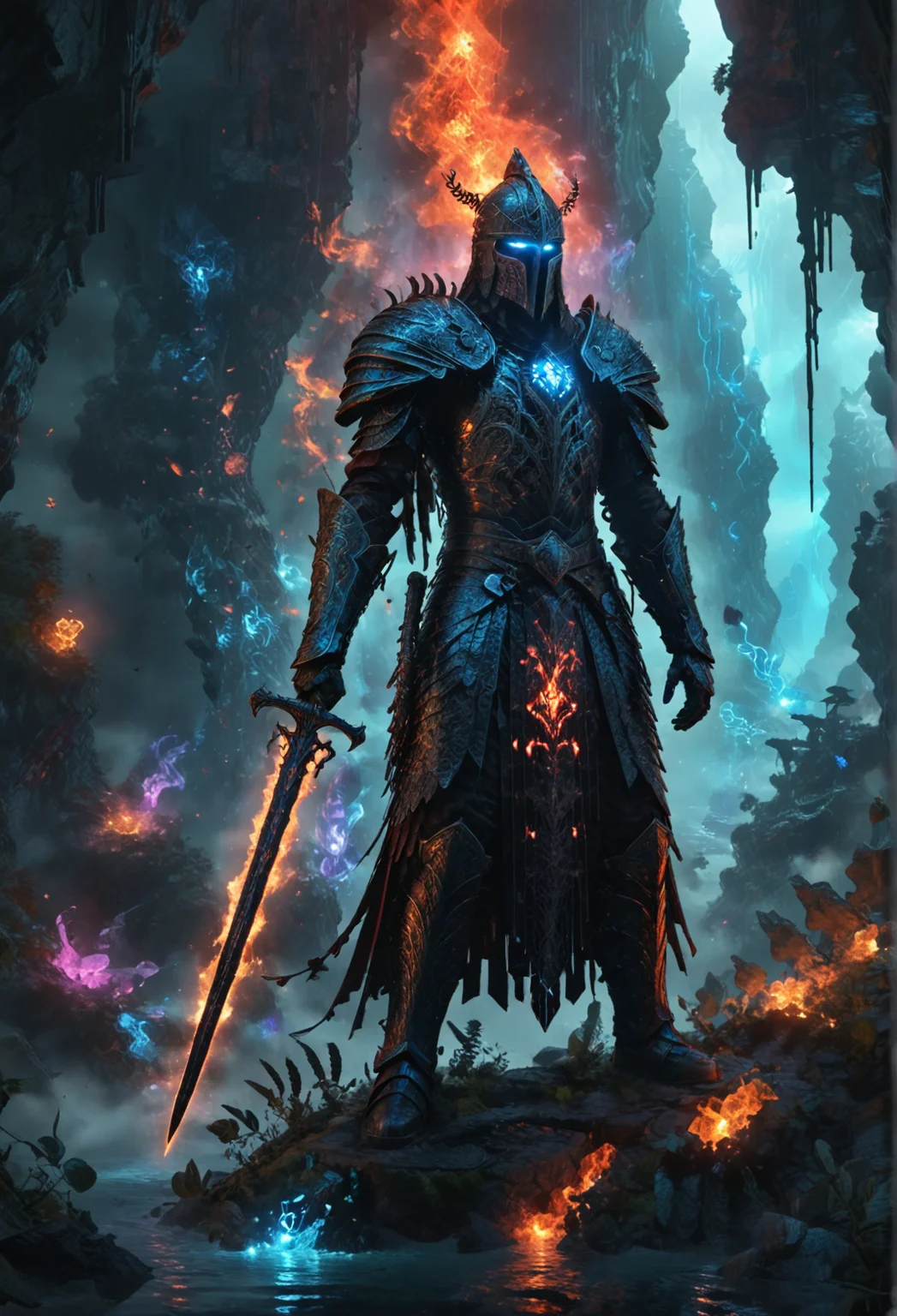 fantasy illustration of a knight in full armor, wielding a huge glowing (greatsword:1.1) made of luminescent matter, iridescent blade covered in the photonic remains of slain nightmares, the knight's black armor is intricately detailed and covered in occult symbols, his pauldrons are large ethereal mirrors. He is standing at the edge of a cliff overlooking a surreal landscape made of fragments of forgotten dreams and fractures of reality. Red mist permeates the air and the light is ominously fateful, dynamic and dramatic <lora:xl_Everything_Iridescent>