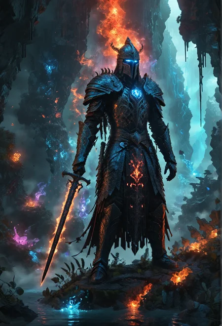 fantasy illustration of a knight in full armor, wielding a huge glowing (greatsword:1.1) made of luminescent matter, iridescent blade covered in the photonic remains of slain nightmares, the knight's black armor is intricately detailed and covered in occult symbols, his pauldrons are large ethereal mirrors. He is standing at the edge of a cliff overlooking a surreal landscape made of fragments of forgotten dreams and fractures of reality. Red mist permeates the air and the light is ominously fateful, dynamic and dramatic <lora:xl_Everything_Iridescent>