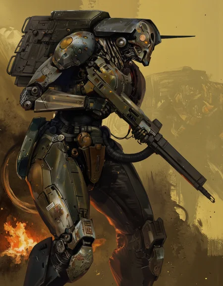 Art by Zhang Jing. A digital illustration shoot from a far camera angle about a futuristic, armored robot with a large gun in a dynamic battle scene. the image also shows a large, imposing mechanical creature in the foreground, standing in the middle of the image, facing towards the right side. the robot appears to be a humanoid figure with a muscular build, wearing a dark, metallic armor with intricate details and a helmet with a visor. it has a large weapon on its back and is positioned in the center of the frame, holding a gun in its right hand. on its left side, the robot's face is obscured by a mask, and it is facing the viewer with its eyes looking directly at the viewer. the background is a mix of yellow and orange hues, with streaks of light and shadow, giving the scene a dynamic and intense atmosphere, reminiscent of a post-apocalyptic or sci-fi setting.