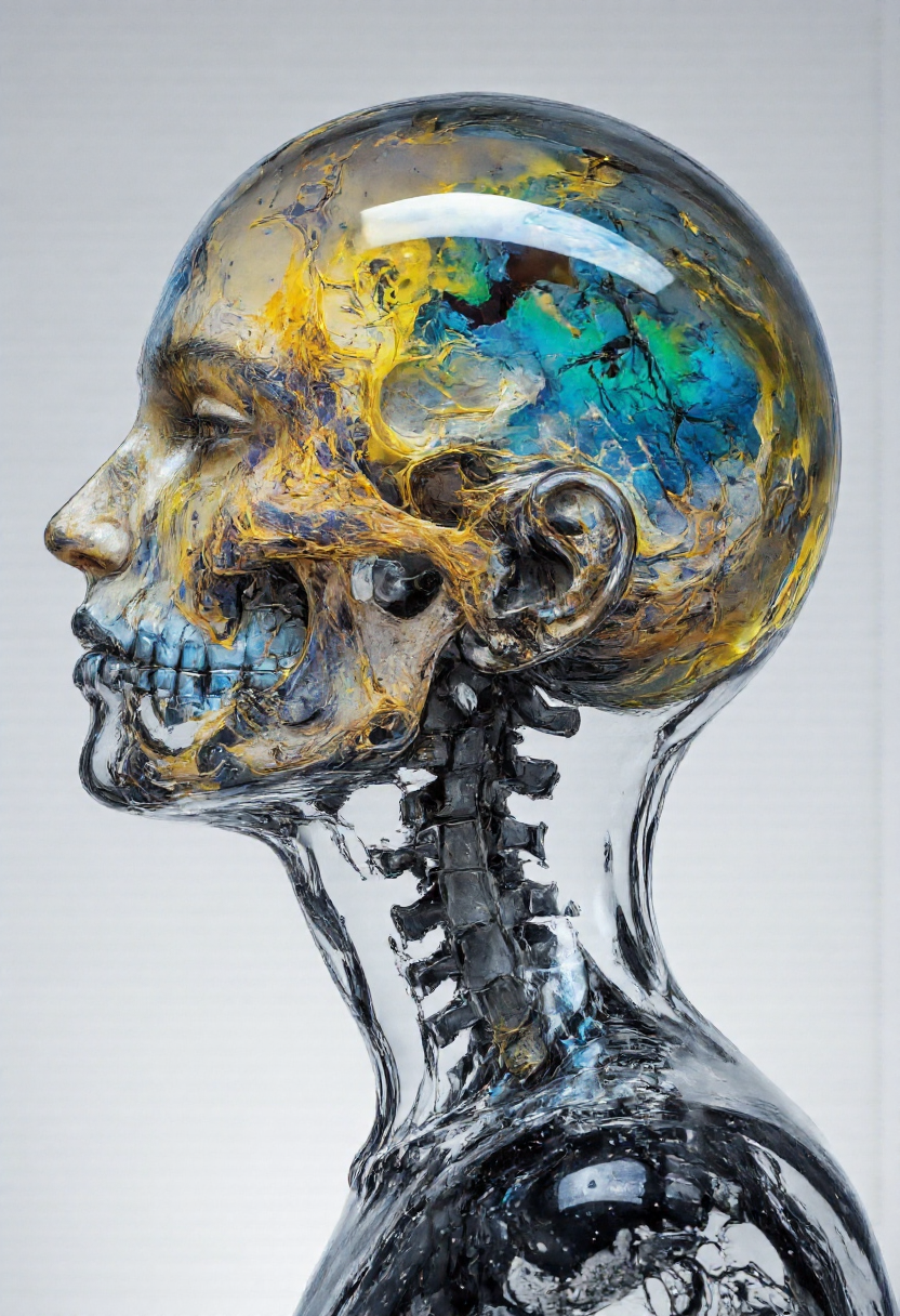 Clip L sketch painting, Delirium style, A hyper-realistic digital artwork depicting a human head with a face and cheeks and neck made of marble, perfectly smooth surface without any imperfections with delicate natural textures and a serene expression, crafted by a great master, the skull and back of the head is completely transparent and made of crystal clear glass. Inside the skull, an ethereal explosion of ultra-fine dust erupts in colorful natural colors, blue, green, yellow, reminiscent of a summer landscape. Soft ambient light highlights the contrast between the massive, serene face and the dynamic, naturally toned energy inside the glass skull. The artwork conveys a surreal, dreamlike aesthetic, rendered with exceptional detail and dramatic visual depth. Clip G sketch painting, Delirium style, A hyper-realistic digital artwork depicting a human head with a face and cheeks and neck made of marble, perfectly smooth surface without any imperfections with delicate natural textures and a serene expression, crafted by a great master, the skull and back of the head is completely transparent and made of crystal clear glass. Inside the skull, an ethereal explosion of ultra-fine dust erupts in colorful natural colors, blue, green, yellow, reminiscent of a summer landscape. Soft ambient light highlights the contrast between the massive, serene face and the dynamic, naturally toned energy inside the glass skull. The artwork conveys a surreal, dreamlike aesthetic, rendered with exceptional detail and dramatic visual depth.