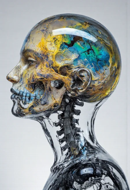 Clip L sketch painting, Delirium style, A hyper-realistic digital artwork depicting a human head with a face and cheeks and neck made of marble, perfectly smooth surface without any imperfections with delicate natural textures and a serene expression, crafted by a great master, the skull and back of the head is completely transparent and made of crystal clear glass. Inside the skull, an ethereal explosion of ultra-fine dust erupts in colorful natural colors, blue, green, yellow, reminiscent of a summer landscape. Soft ambient light highlights the contrast between the massive, serene face and the dynamic, naturally toned energy inside the glass skull. The artwork conveys a surreal, dreamlike aesthetic, rendered with exceptional detail and dramatic visual depth. Clip G sketch painting, Delirium style, A hyper-realistic digital artwork depicting a human head with a face and cheeks and neck made of marble, perfectly smooth surface without any imperfections with delicate natural textures and a serene expression, crafted by a great master, the skull and back of the head is completely transparent and made of crystal clear glass. Inside the skull, an ethereal explosion of ultra-fine dust erupts in colorful natural colors, blue, green, yellow, reminiscent of a summer landscape. Soft ambient light highlights the contrast between the massive, serene face and the dynamic, naturally toned energy inside the glass skull. The artwork conveys a surreal, dreamlike aesthetic, rendered with exceptional detail and dramatic visual depth.