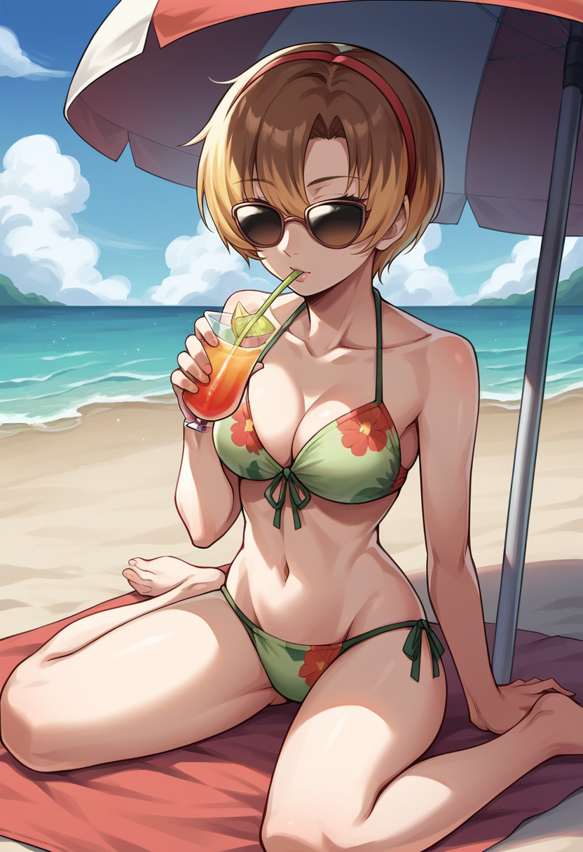 score_9, score_8_up, score_7_up, source_anime BREAK 1girl, solo,  <lora:zs_ReihoXL:1> reids, short hair, multicolored hair, brown hair, blonde tips, floral bikini, beach, sunglasses, sitting on towel, parasol, drinking cocktail
