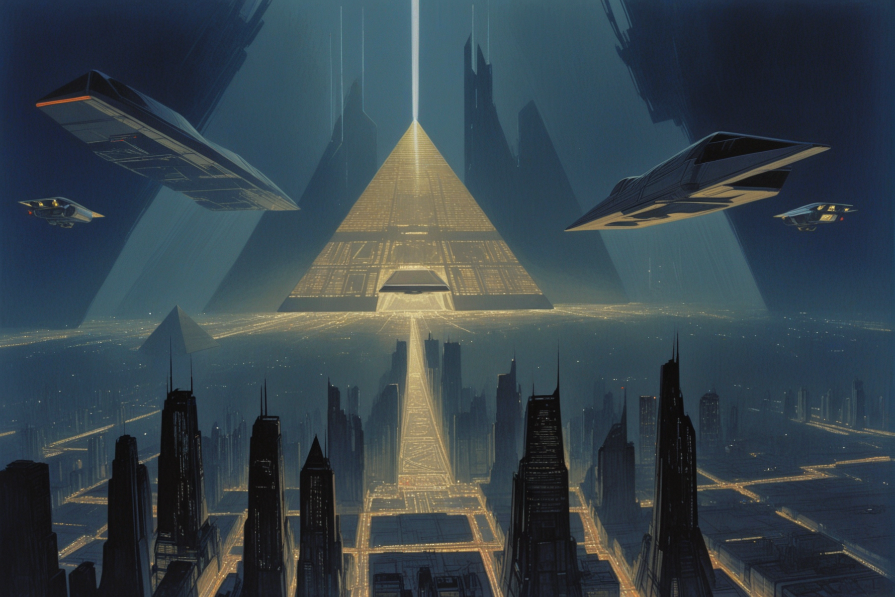alcohol marker painting of a futuristic city scape with a pyramid in the middle, flying cars, huge skyscrapers, industrial, space ships, night, dark, concept art by syd mead, blade runner, night sky, sharp, movie still, 4k <lora:concept_art_syd_mead:0.75>