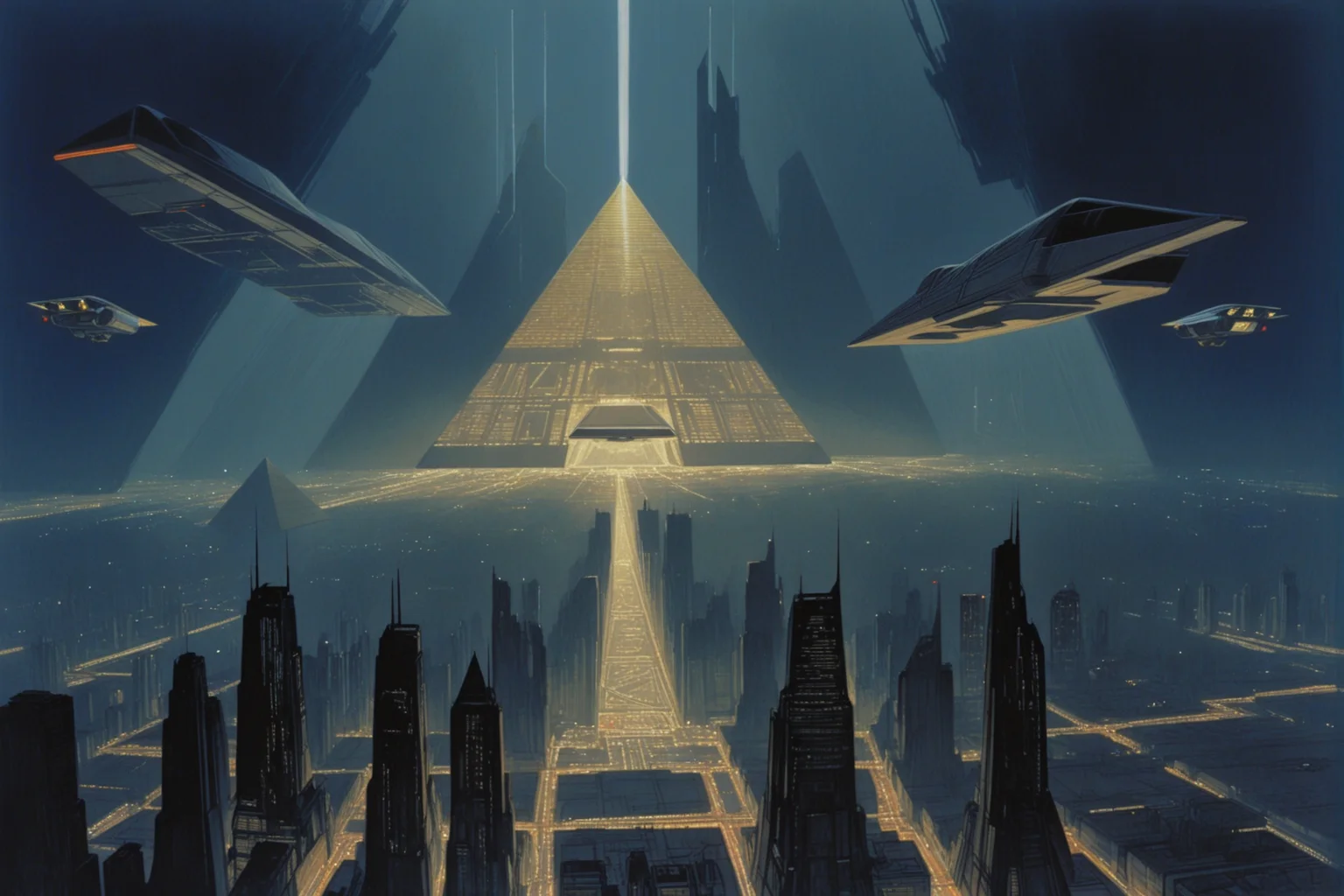 alcohol marker painting of a futuristic city scape with a pyramid in the middle, flying cars, huge skyscrapers, industrial, space ships, night, dark, concept art by syd mead, blade runner, night sky, sharp, movie still, 4k <lora:concept_art_syd_mead:0.75>