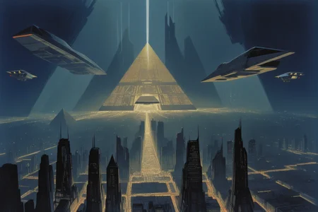alcohol marker painting of a futuristic city scape with a pyramid in the middle, flying cars, huge skyscrapers, industrial, space ships, night, dark, concept art by syd mead, blade runner, night sky, sharp, movie still, 4k <lora:concept_art_syd_mead:0.75>