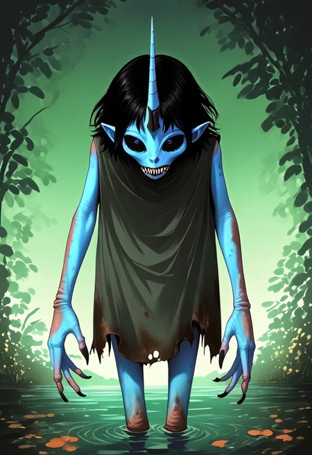 ((Alien humanoid)),
((Alien species)), solo, androgynous, aquatic features
blue skin, ((webbed hands)):1.4,
((No nose)):1.3, ((nostrils only, nostril slits, vertical nasal slits, narrow nostrils)):1.5, ((narrow eyes)), ((black sclera, black irises)), smooth skin, pointy ears, small ears, tiny ears, holes in skin, forehead horn, short horn, veiny horn, ((single horn)):1.0, ((4 fingers)), fingernails, thin lips, ((black hair)), ((short hair, spiky hair)), sharp teeth, digitigrade legs, bent legs,
full body shot
ragged clothes, muddy clothes, loincloth, tunic, dirty
Medieval style, fantasy style,
((Variety)):1.2
((dutch angle, 3/4 view))
river background
fully clothed, loose clothing, clean lines, smooth colors, detailed fingers, sfw, source: realistic, rating: pg, score: 8 up, score: 9
