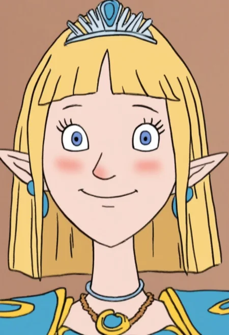 hhs1, blush,
1girl, solo, portrait, bangs, tiara, smile, earrings, jewelry, pauldrons, blonde hair, blue eyes, blunt bangs, parted bangs, pointy ears, armor, looking at viewer, necklace, shoulder armor, triforce