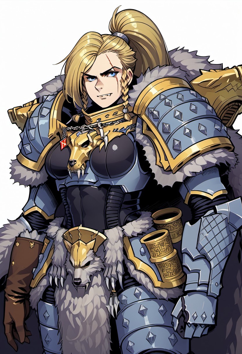 Score_9, score_8_up, score_7_up, score_6_up, score_5_up, score_4_up, 1girl, solo, FreyaXL, blonde hair, ponytail, high ponytail, twin braids, scar across eye, blue eyes, fang, breasts, Armor, pauldrons, black bodysuit, single brown glove, single gauntlet, fur trim, fur cape, hands on hips, simple background, white background