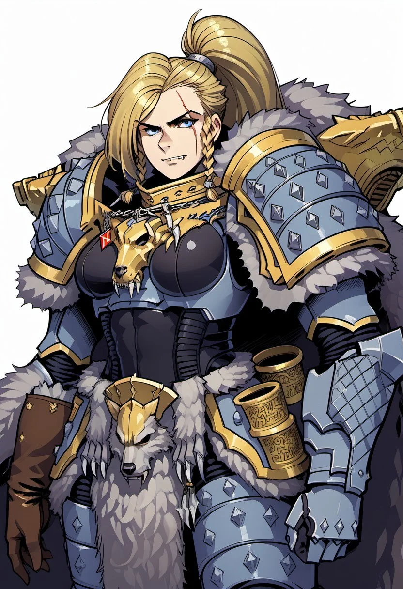 Score_9, score_8_up, score_7_up, score_6_up, score_5_up, score_4_up, 1girl, solo, FreyaXL, blonde hair, ponytail, high ponytail, twin braids, scar across eye, blue eyes, fang, breasts, Armor, pauldrons, black bodysuit, single brown glove, single gauntlet, fur trim, fur cape, hands on hips, simple background, white background