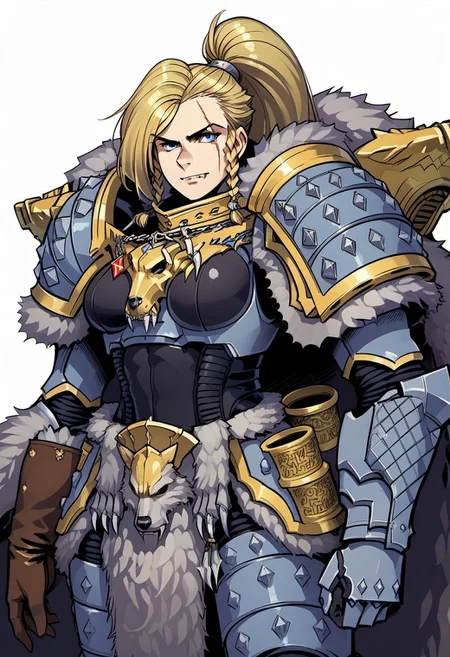 Score_9, score_8_up, score_7_up, score_6_up, score_5_up, score_4_up, 1girl, solo, FreyaXL, blonde hair, ponytail, high ponytail, twin braids, scar across eye, blue eyes, fang, breasts, Armor, pauldrons, black bodysuit, single brown glove, single gauntlet, fur trim, fur cape, hands on hips, simple background, white background