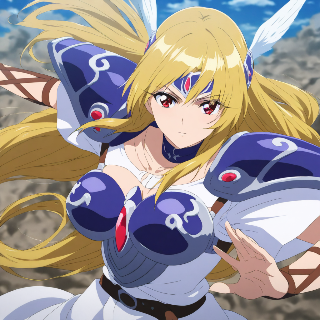 solo,looking at viewer,masterpiece,high score,great score,absurdres,anime coloring,armor,<lora:Valkyrie ag4o:1> valkyrie, blonde hair, long hair, red eyes,