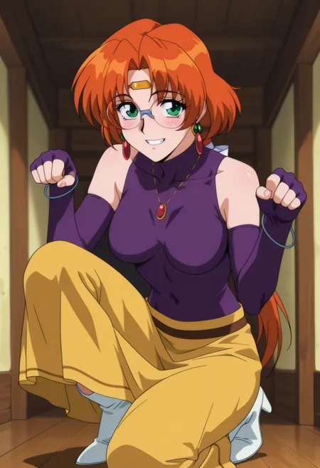 masterpiece, best quality, amazing quality, absurdres, anime coloring, retro artstyle, 1990s (style), 1girl, solo, ailaww, mature female, green eyes, orange hair, long hair, low ponytail, glasses, rimless eyewear, medium breasts, circlet, purple turtleneck shirt, sleeveless, covered collarbone, bare shoulders, purple elbow gloves, fingerless gloves, long sleeves, covered navel, yellow long skirt, white boots, high heels, jewelry, earrings, necklace, bracelet, <lora:Aila_Mahou_Senshi_Louie_ill:0.9>, paw pose, squatting, all fours, leg lift, looking at viewer, (smile), clenched teeth, teeth, blush, indoors, skindentation, detailed clothing folds, depth of field, sharp, high contrast, dynamic light