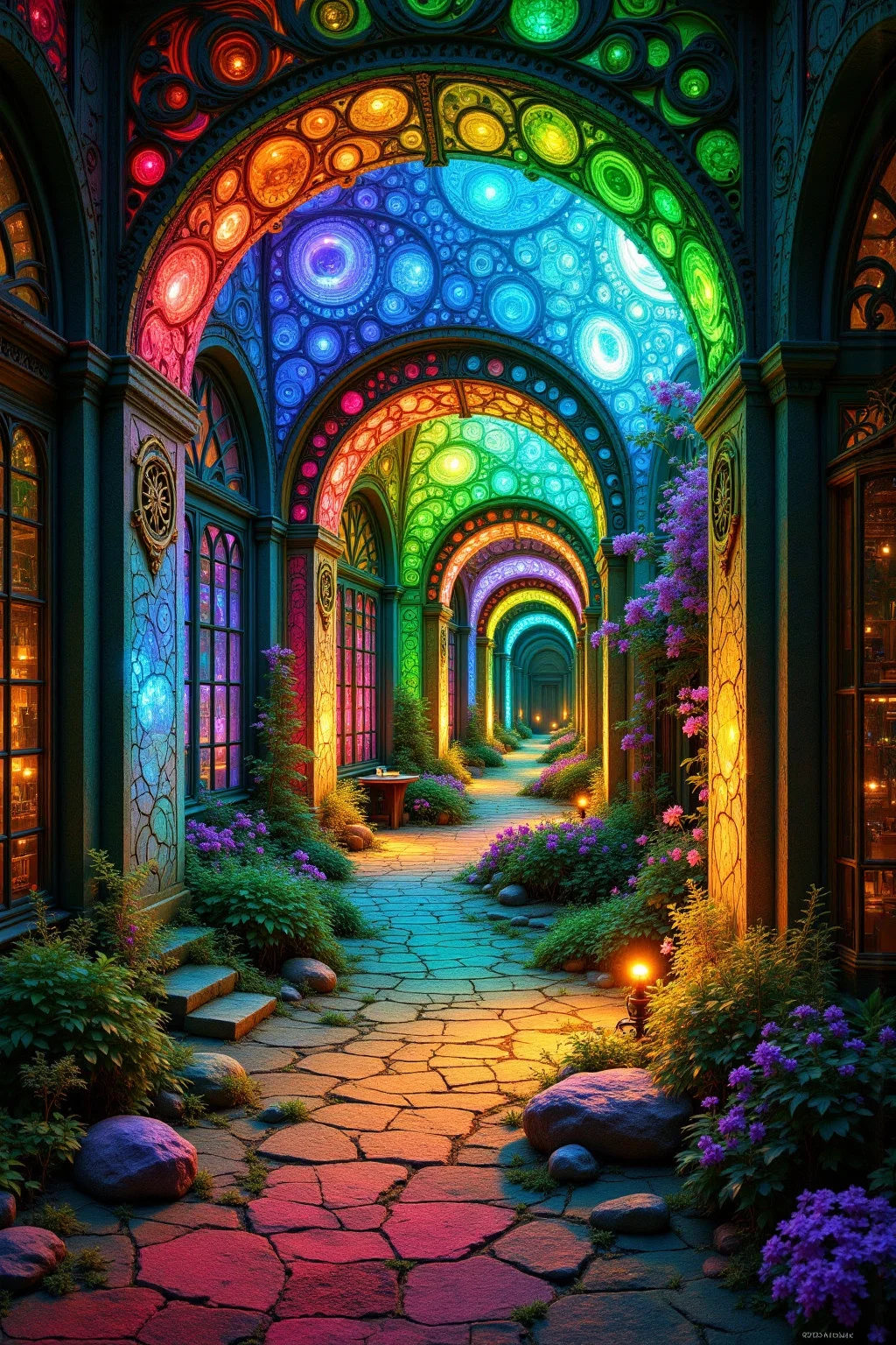 anm-frac of a bomb in fractal patterns, a glass house that sheds a warm light through its windows , Royal Jewel Tones: Deep emerald, sapphire blue, and ruby red for a luxurious, rich effect Subtle, raised patterns on a smooth surface for an elegant, tactile effect., cinematic film still <lora:anm-frac-v1-000048:1>