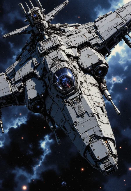 in the style of ck-mgs, a_skynet_cyberdyne_craft, the image is featuring a large military spaceship, adorned with intricate, metallic details, including bolts, wires, and mechanical components, giving it a highly advanced, industrial military look, dark space background, motion blur, nebulae