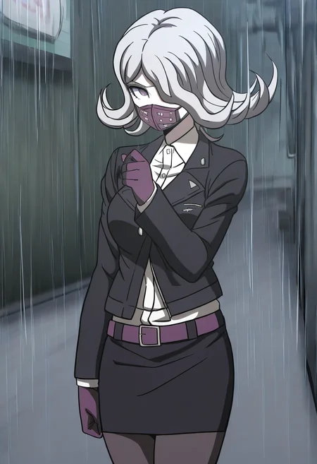 (((solo))), masterpiece, best quality, modern, modern anime, danganronpa_(series),<lora:Seiko_Kimura_Illustrious:1>, In the art style of Rui Komatsuzaki, artist: Rui Komatsuzaki, This is an anime screencap from Danganronpa 3. . Seiko Kimura is wearing her future arc uniform. Seiko Kimura is a short woman with purple eyes and a sickly complexion. She has pale grey hair and a respirator mask covering her mouth. She wears a dark-colored jacket that's half open and connected in the middle. She has a small Future Foundation ID pinned to the lapel of her jacket. Under the jacket is a white dress shirt a dark pencil skirt held by a purple belt long black stockings and purple Mary Janes. She wears purple gloves with a single white stripe in the middle. landscape of a pleasant Street Food Hub, Raining, alluring