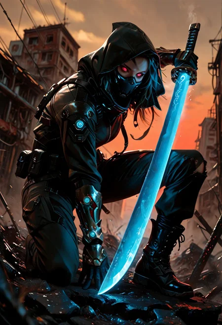 masterwork, masterpiece, best quality, detailed, depth of field, high detail, best quality, very aesthetic, 8k, photorealistic, realistic skin, realistic anatomy, good anatomy, deep colour, high contrast, hyperdetailed, matte digital painting, trending on artstation, sharp edges, precise, clear focus, detailed face, face focus, sideview, wide shot, looking at viewer,
futuristic, gritty.
line art, ink art of a woman, solo, soldier, enigmatic, (glowing red eyes), matte black modular suit of armor, molded armour, whole body protection, heavy boots, holding an elegant katana, (blue glowing blade:1.5), blade up, ready to fight, dynamic stance. Deep hood, black face mask, pale skin,
background war-torn urban landscapes, dramatic lighting, dynamic angle, whole body, face focus, high contrast, deep shadows, distant fires, smoky sky, matte painting,
emwv2-illu