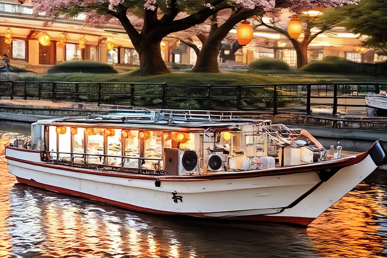 score_9, score_8_up, score_7_up, source_real, realistic, photorealistic, BREAK
Yakatabune, scenery, lamppost, tree, bridge, boat, outdoors, watercraft, real world location, reflection, no humans, lantern, railing, water, river, building, cherry blossoms, road, reflective water, paper lantern, street, bush, tokyo (city), utility pole, power lines, fence, traditional media, park, grass, night,
 <lora:detailed_notrigger:1> <lora:zy_Detailed_Backgrounds_v1:1>, Depth of field <lora:BDpony_Yakatabune_V1-5772:1>, Depth of field:1.3, Panorama