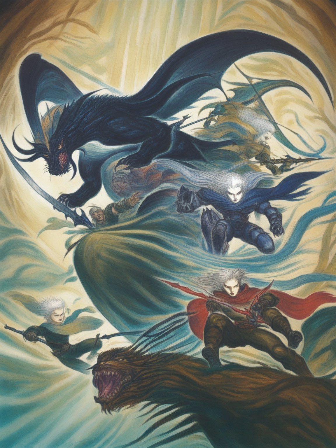 amano yoshitaka, 1990s \(style\), 6+boys, absurdres, armor, bald, black hair, bomb \(final_fantasy\), cape, crossbow, dragon, emperor \(ff2\), final_fantasy, frioniel, guy \(ff2\), highres, josef, leonhart \(ff2\), maria \(ff2\), ming-wu, monster, multiple boys, official art, shield, sword, weapon, white hair, ((masterpiece, absurdres, high res))  <lora:amano_yoshitaka_xl:1>