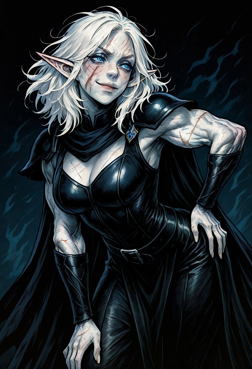 masterpiece, best quality, newest, absurdres, highres, 
FCOMV1.0,
1girl, pale, white skin, colored skin, pale skin, elf, pointy ears, muscular woman, cape, scar, scars on face, white hair, medium hair, messy hair, smug, blue eyes, detailed eyes, armor, black armor, black leather, leather amor, cape,
hand on hip, dynamic pose, leaning, leaning forward, sexy pose, pin up, 