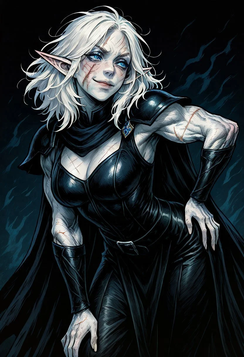 masterpiece, best quality, newest, absurdres, highres,
FCOMV1.0,
1girl, pale, white skin, colored skin, pale skin, elf, pointy ears, muscular woman, cape, scar, scars on face, white hair, medium hair, messy hair, smug, blue eyes, detailed eyes, armor, black armor, black leather, leather amor, cape,
hand on hip, dynamic pose, leaning, leaning forward, sexy pose, pin up,