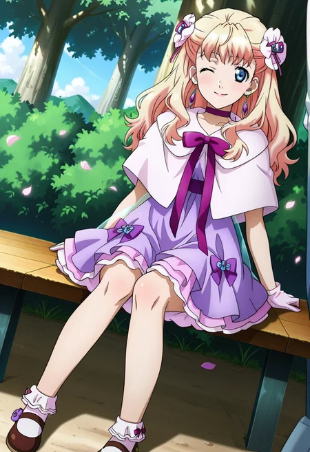 park, trees, flowers, flower petals,
BREAK,
wink, light smile, sitting,
full body, dynamic angle,
looking at viewer,
BREAK,
<lora:sherylX_illustriousXL_v01:0.9>
sherylMini, blonde hair, long hair, gradient hair, blue eyes, hair flower, earrings,
choker, purple choker, pink gloves,
capelet, purple bow, purple dress, translucent skirt, layered skirt, layered dress,
ankle socks, brown mary janes, flower shoes, frilly socks, source_anime, very aesthetic, anime coloring, masterpiece,
best quality, amazing quality, ultra detailed, very aesthetic,
detailed background,
BREAK,