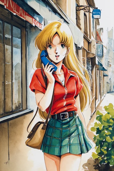 Misa Hayase,1girl, 1980s (style), retro artstyle, blonde hair, phone, long hair, solo, plaid, bag, skirt, open mouth, holding, cellphone, talking on phone, holding phone, short sleeves, handbag, green eyes, belt, shirt, traditional media, watercolor (medium),<lora:Haruhiko Mikimoto_XL_V2:0.8>,