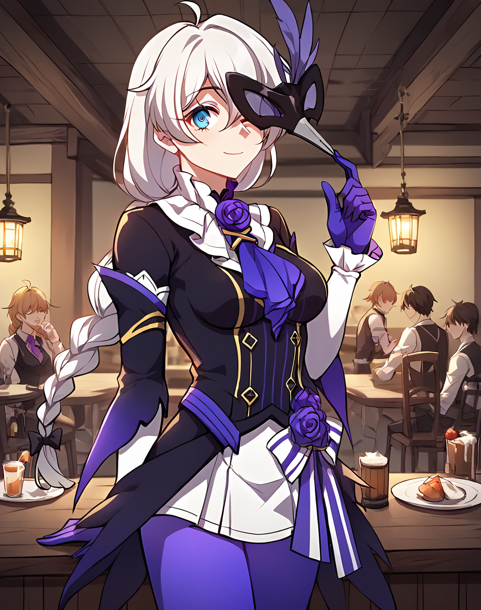 kallen_kaslana, braided ponytail, low  ponytail behind back, long hair, white hair, blue eyes, bangs, medium breasts,sixth_serenade_outfit, black_mask,  manhua, purple gloves,
BREAK
 indoor, tavern, faceless people in background 
BREAK 
cowboy shot, looking at viewer, standing,closed mouth, sexy smile, flirty,one eye closed,mask on hand, mask,front view , unworn mask 
BREAK 
score_9, score_8_up, score_7_up, source_anime ,zPDXL,   <lora:Kallen_Kaslana:0.8>