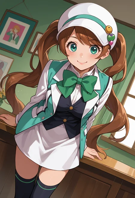 score_9, score_8_up, source_anime, 1girl, solo, LuluYurigasaki, aqua eyes, brown hair, long hair, twintails, white hat, green bowtie, black vest, two-tone jacket, white jacket, green jacket, white skirt, black thighhighs, white boots, indoors, smile, leaning forward, dutch angle, <lora:ChamLuluYurigasakiPonyXL:1>