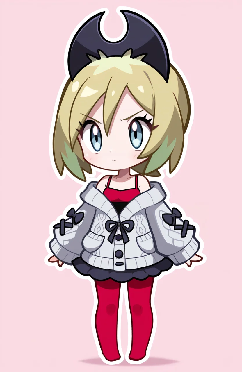 1girl, solo, full body,
irida \(pokemon\), blonde hair, blue eyes, black ribbon-trimmed cardigan, spaghetti straps, yellow frilled skirt, red thighband pantyhose, no shoes,
<lora:ShantaeChibi:0.9> shntchibi, petite, chibi, extremely detailed, highres, masterpiece, best quality