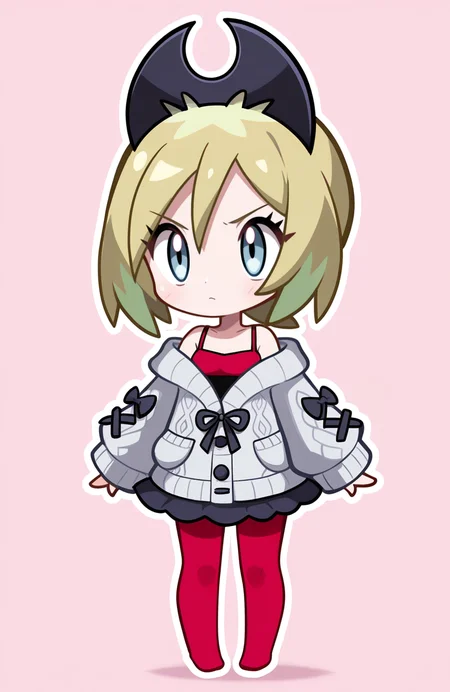 1girl, solo, full body,
irida \(pokemon\), blonde hair, blue eyes, black ribbon-trimmed cardigan, spaghetti straps, yellow frilled skirt, red thighband pantyhose, no shoes,
<lora:ShantaeChibi:0.9> shntchibi, petite, chibi, extremely detailed, highres, masterpiece, best quality