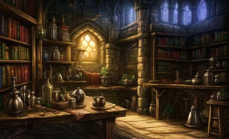 medieval, interior, medieval interior, wooden interior, table, chair, big black cauldron, shelves, books, scrolls, window covered with thin see-through animal hides, (jars filled with mysterious ingredients for brewing potions with:0.6), herbs, a small pestle and mortar, 
HD, very detailed, ambient lighting,
<lora:more_details:1> <lora:Bloodborne:0.25> ,   <lora:FantasyInteriors:0.4> fanint <lora:FantasyStudy:0.4> fanstu