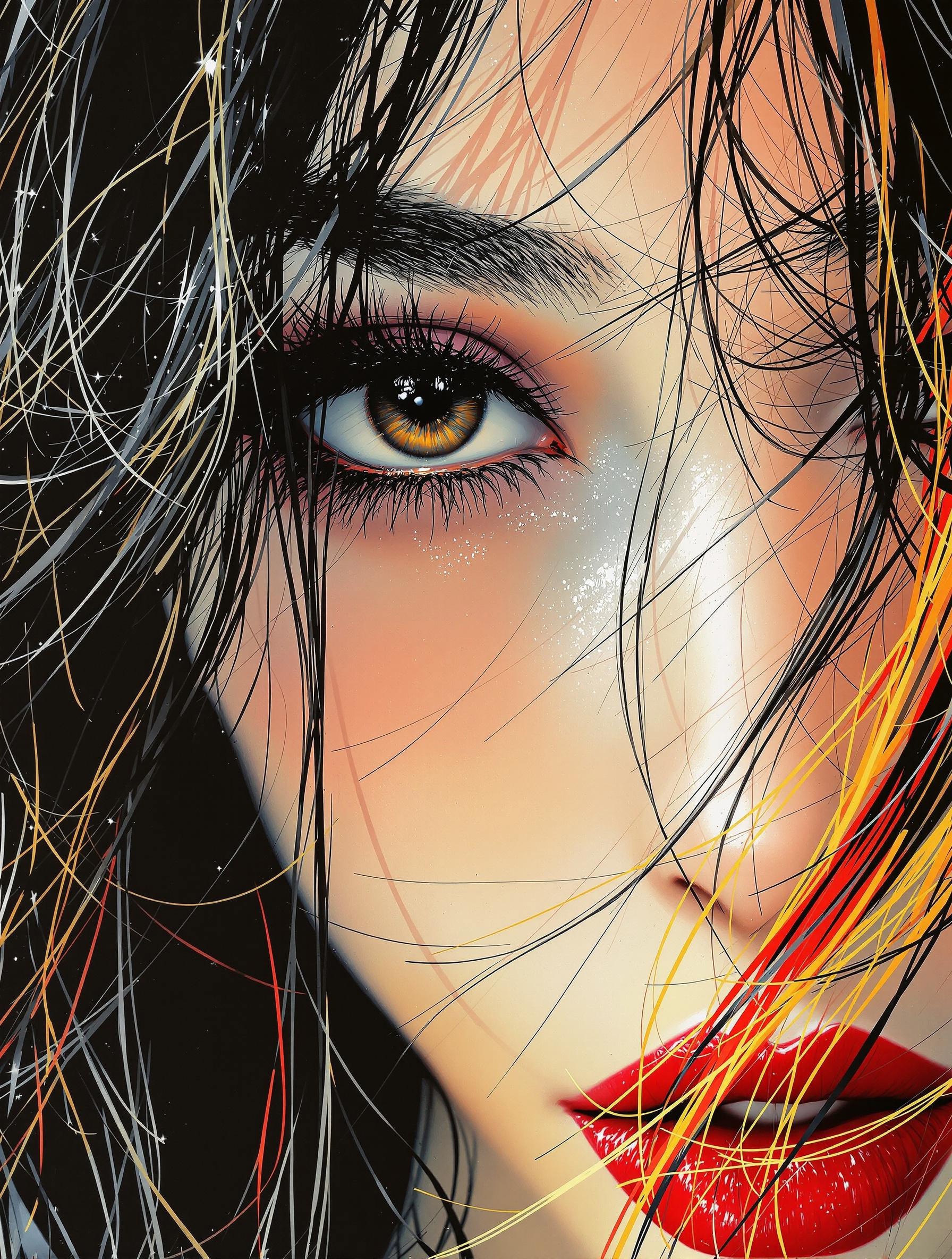 magnificent, photorealistic ink art image in the style of a movie poster, crisp lines, an extreme closeup image of the eyes of a stunning oriental young woman, loose dark hair with blonde and red streaks, red lips slightly parted, dark eyeshadow, alluring, sensual