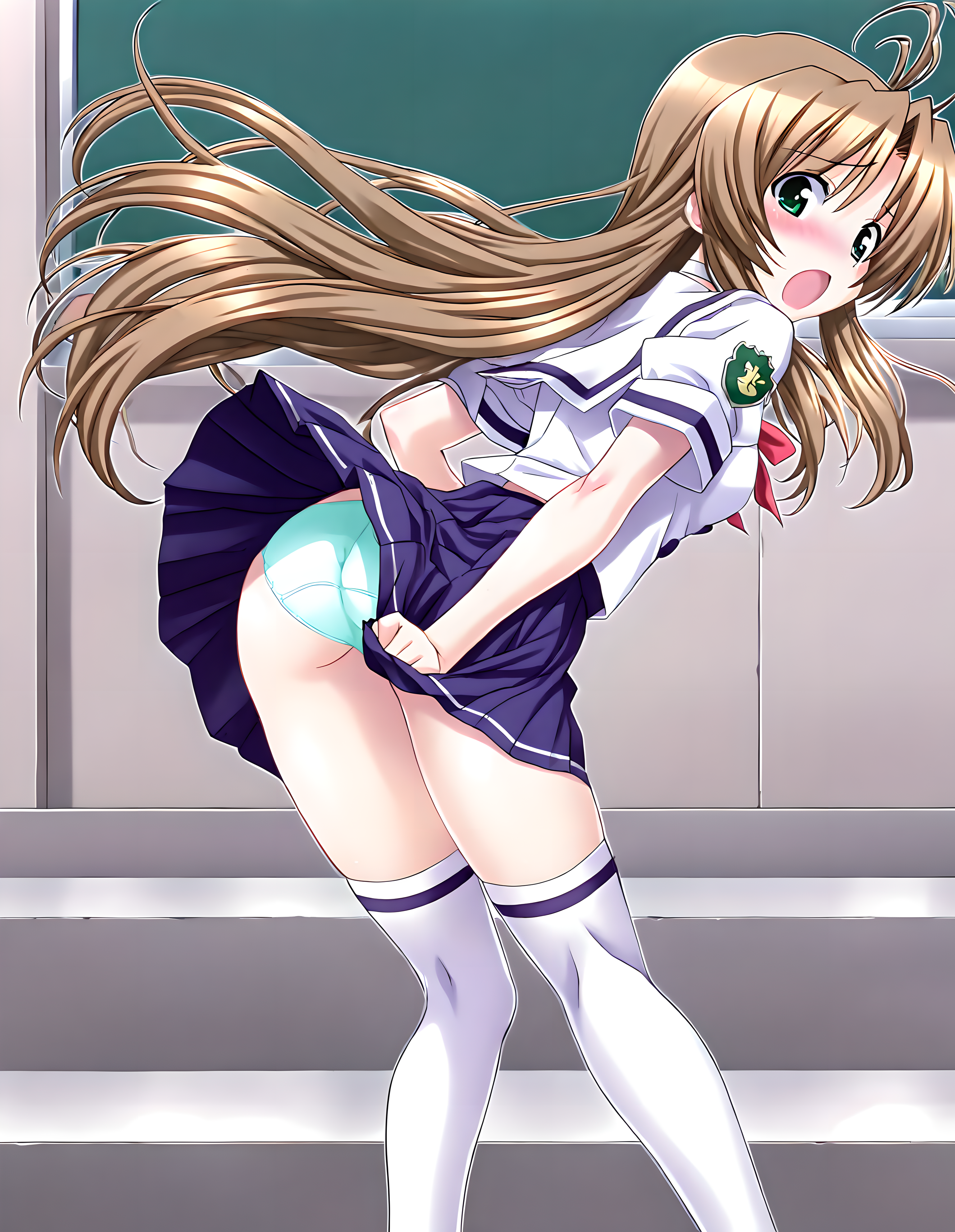 <lora:illustrious_XL_sae:0.9>,sae,masterpiece,best quality,good quality,1girl,solo,no_headwear,white choker,school uniform,white sailor,short_sleeves,blue pleated skirt,white thighhighs,hurry,looking_back,day,blush,wind lift,dress_tug,standing,knees_together_feet_apart,open mouth,blush,