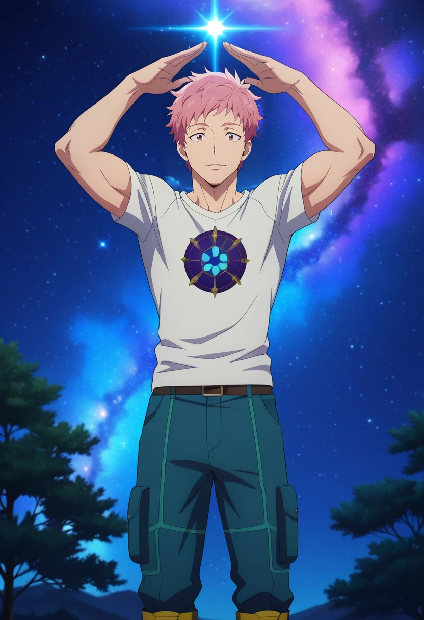 masterpiece, best quality, intricate details, anime screencap, anime coloring, official style, , 1boy, solo, male focus, <lora:renzou_shima_ilxl:0.94>, renzou_shima, pink hair, brown eyes, short hair, cosmic arboretum, starlight trees, nebula blossoms, floating gardens, tending pose, mesmerized expression, galaxy glow, Citrine Moroccan Organza Cargo jogger pants, Muscle T-shirt, Work boots, ,
