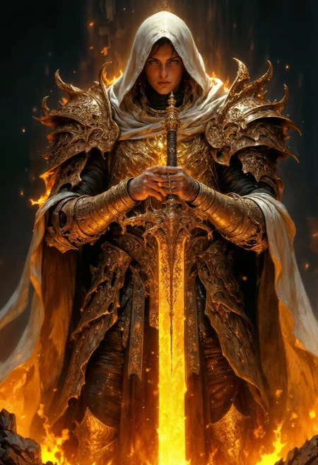 A warrior clad in ornate, golden armor with intricate detailing. The armor is adorned with elaborate patterns and spikes, giving it a regal and formidable appearance. The warrior stands in a commanding pose, holding a glowing sword that emits a fiery aura, casting a warm light. A white hood covers the warrior's head, partially obscuring their face, which is focused and intense. The background is dark, contrasting with the bright flames that surround the figure, enhancing the dramatic and mystical atmosphere. The overall composition is centered, with the warrior as the focal point, exuding a sense of power and mysticism.
<lora:FluxMythP0rtr4itStyle:0.75> <lora:lora:0.6> <lora:Elden_Ring_-_Yoshitaka_Amano:0.6>